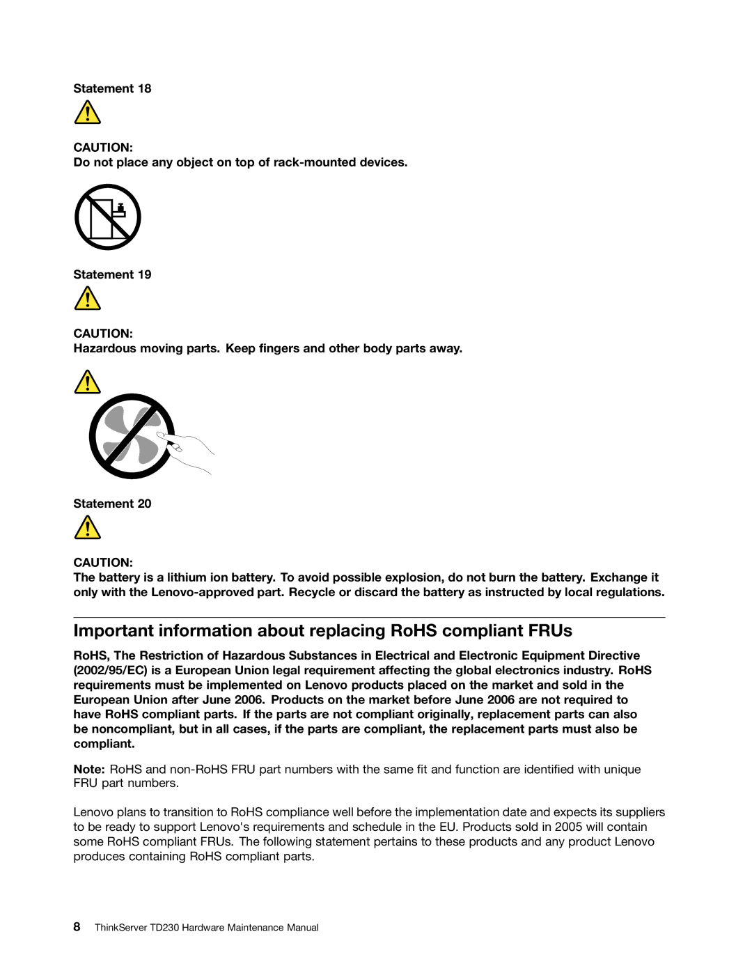 Lenovo TD230 manual Important information about replacing RoHS compliant FRUs 