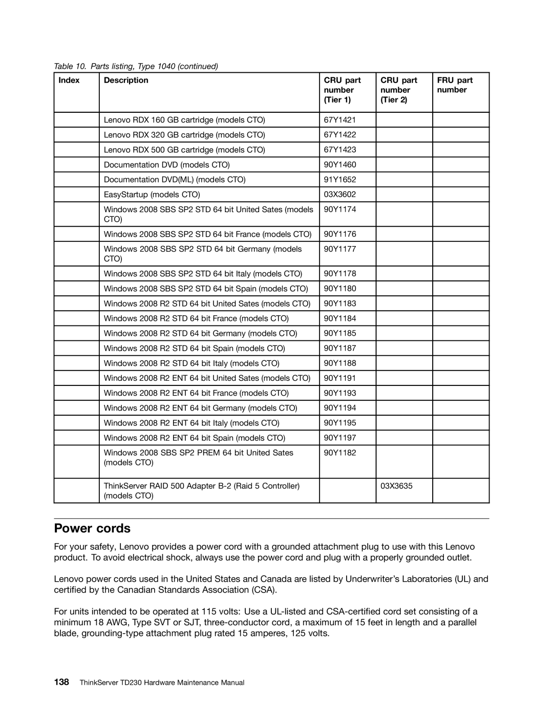 Lenovo TD230 manual Power cords 