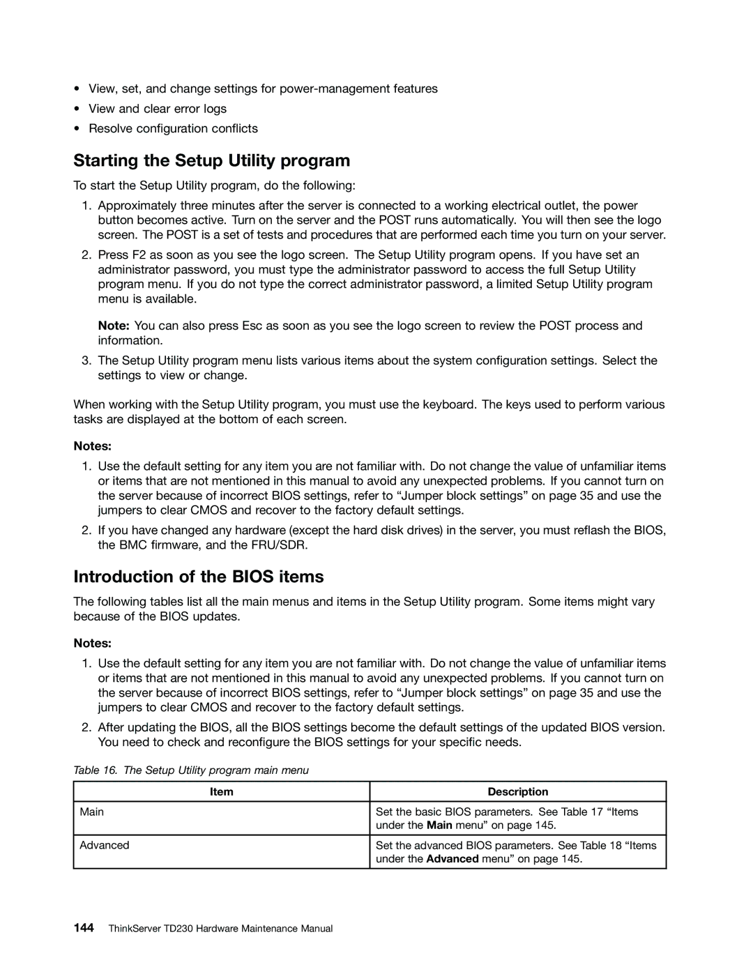 Lenovo TD230 manual Starting the Setup Utility program, Introduction of the Bios items 