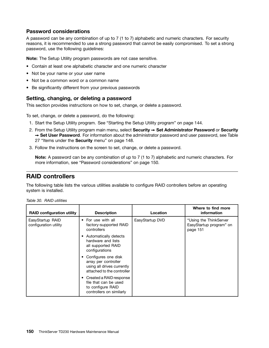 Lenovo TD230 manual RAID controllers, Password considerations, Setting, changing, or deleting a password 