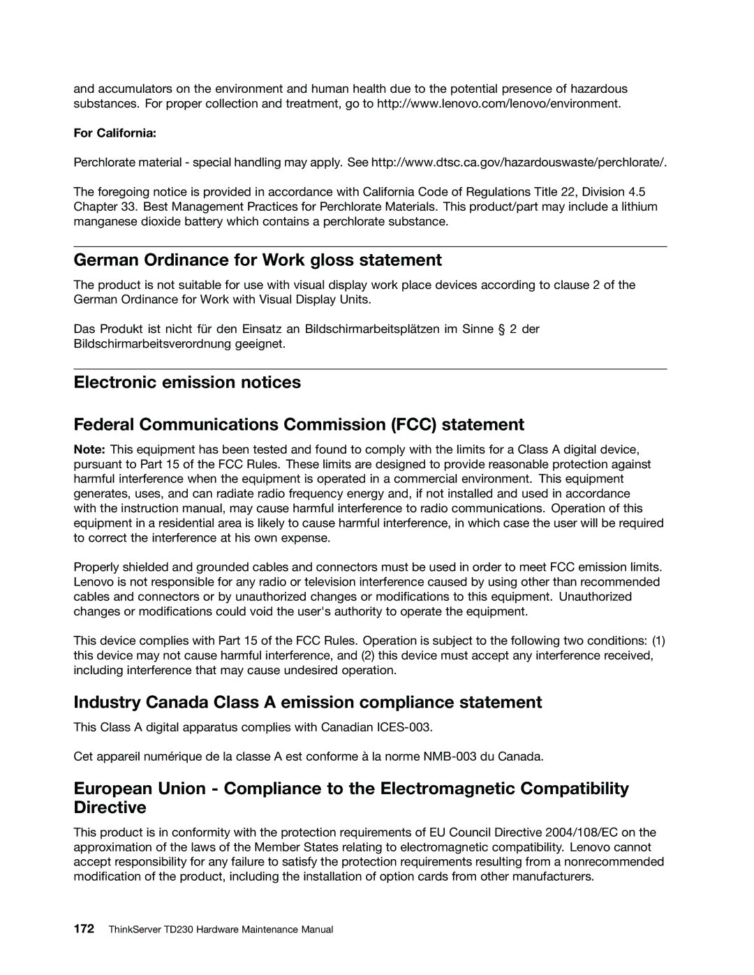 Lenovo TD230 manual German Ordinance for Work gloss statement, Industry Canada Class a emission compliance statement 