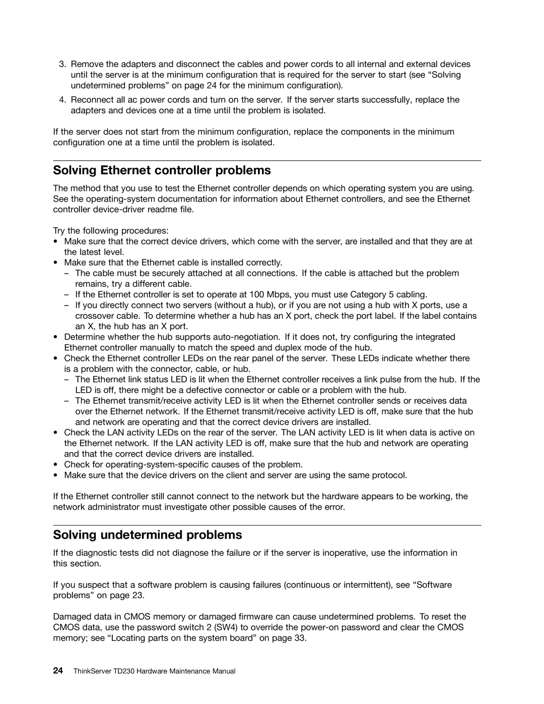 Lenovo TD230 manual Solving Ethernet controller problems, Solving undetermined problems 