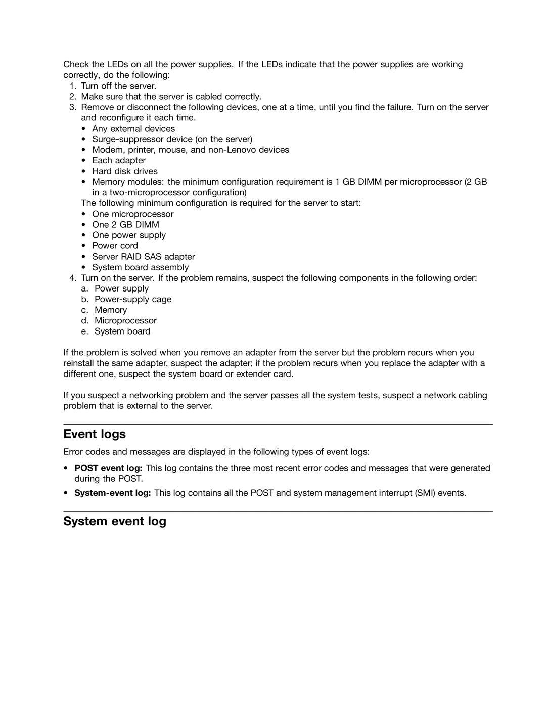 Lenovo TD230 manual Event logs, System event log, Diagnostic programs and messages 