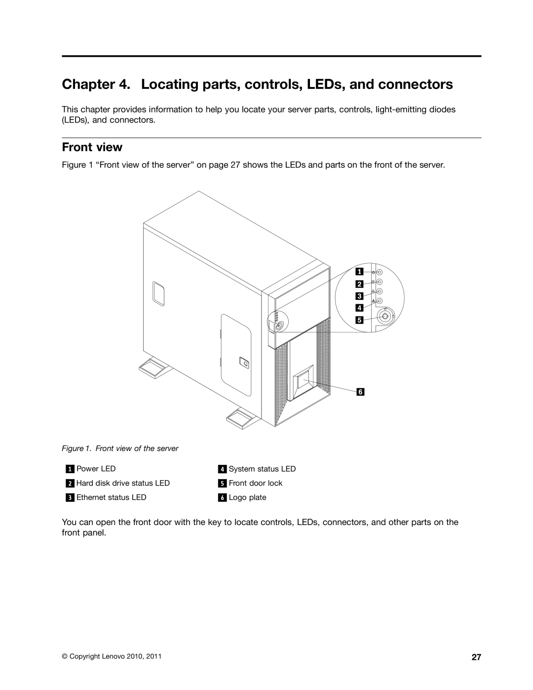 Lenovo TD230 manual Locating parts, controls, LEDs, and connectors, Front view 