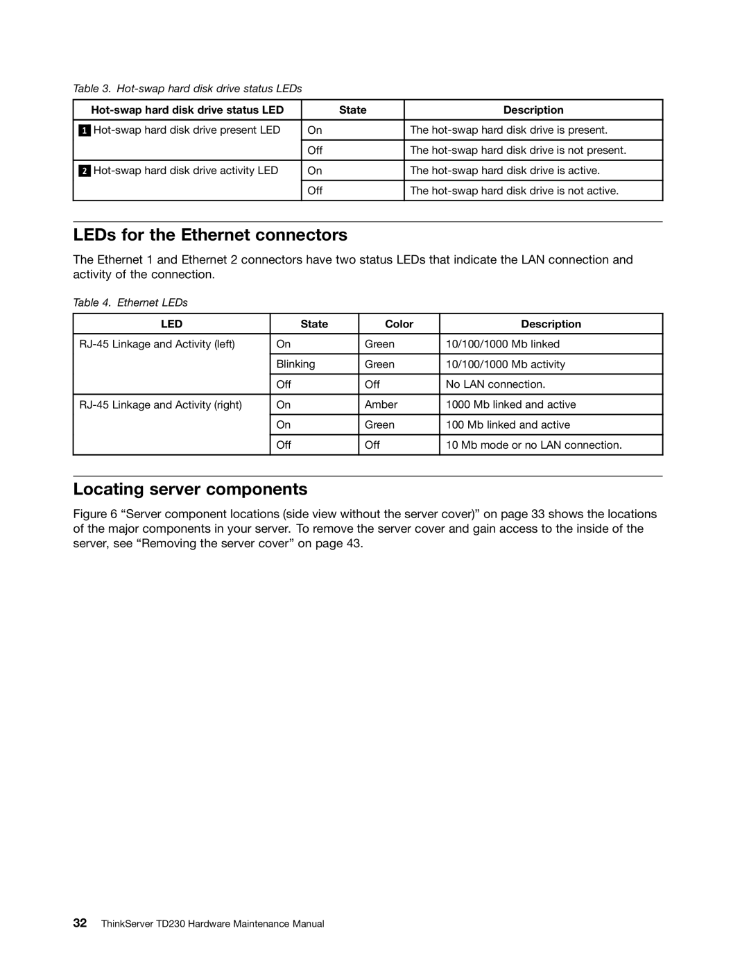 Lenovo TD230 manual LEDs for the Ethernet connectors, Locating server components 