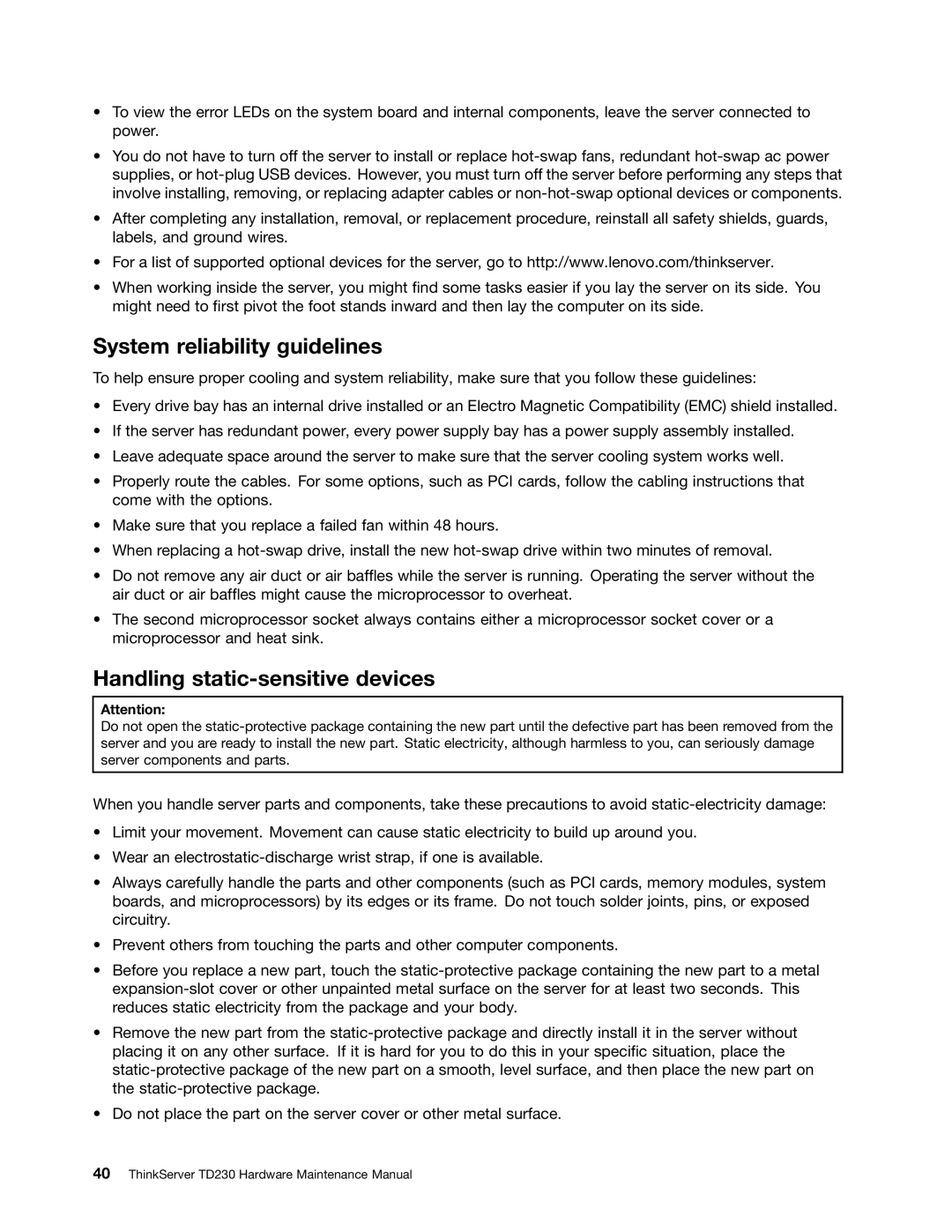 Lenovo TD230 manual System reliability guidelines, Handling static-sensitive devices 