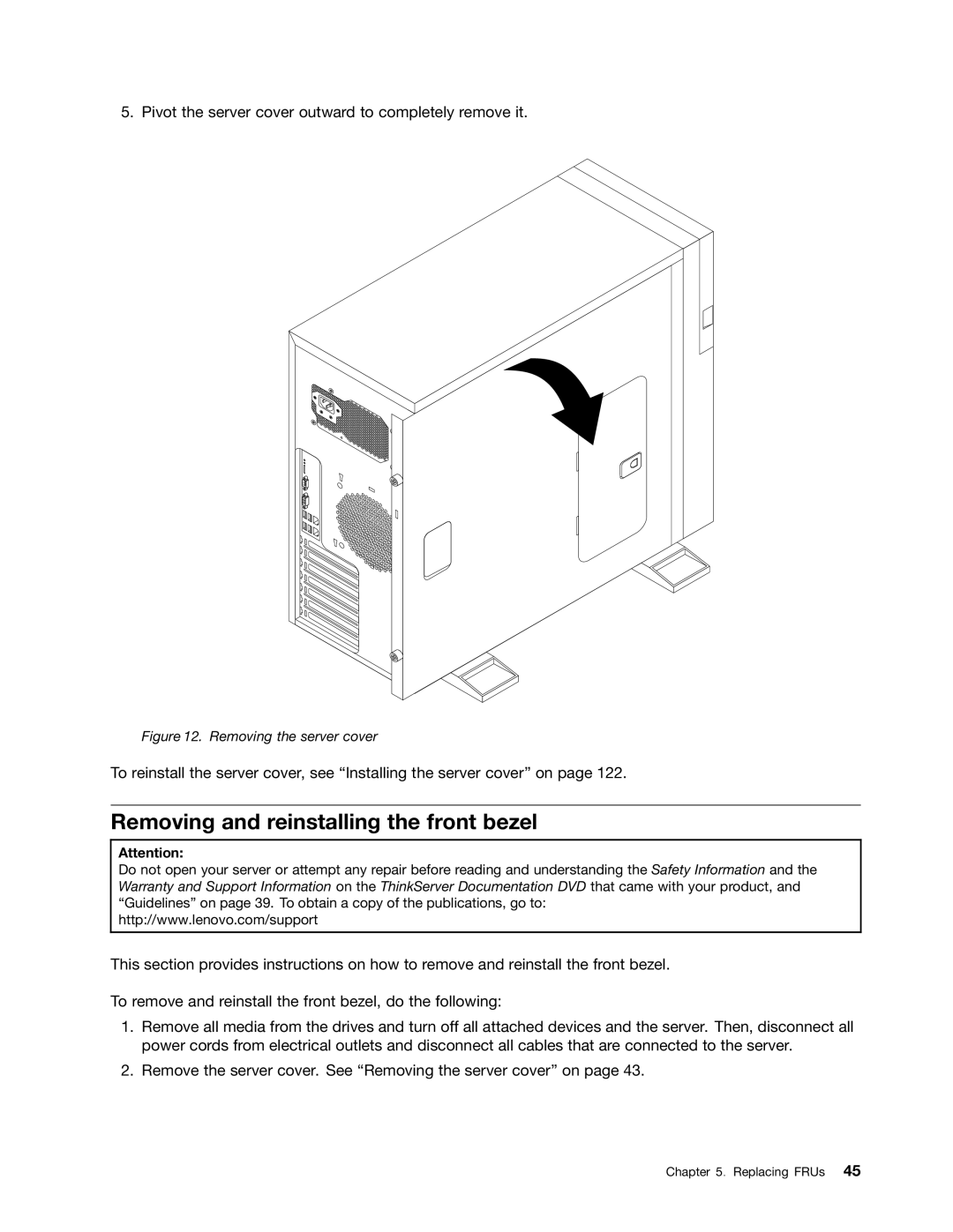 Lenovo TD230 manual Removing and reinstalling the front bezel, Removing the server cover 