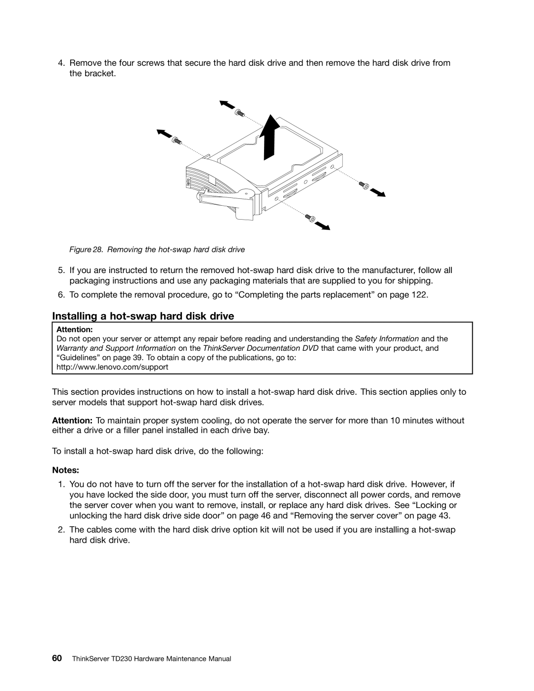 Lenovo TD230 manual Installing a hot-swap hard disk drive, Removing the hot-swap hard disk drive 