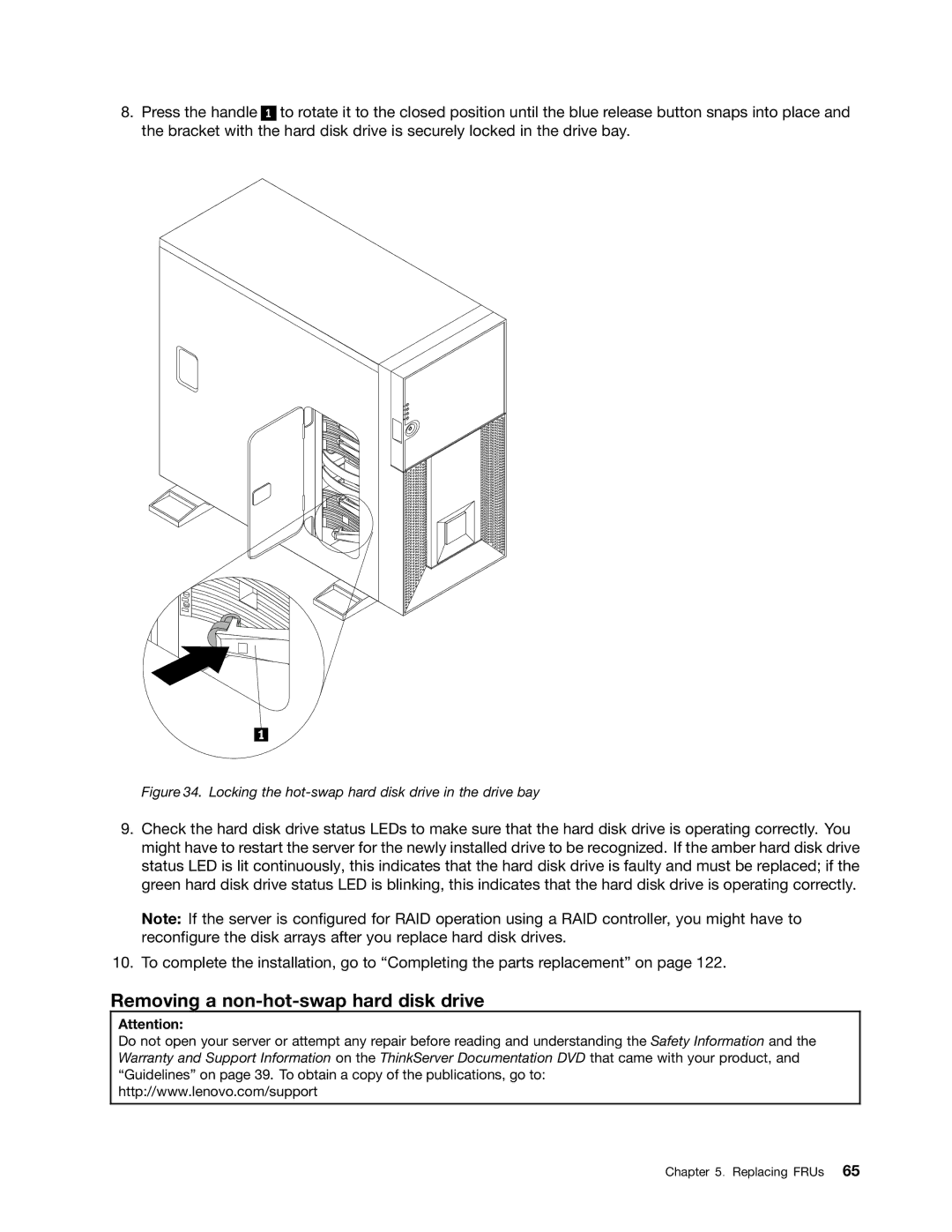 Lenovo TD230 manual Removing a non-hot-swap hard disk drive, Locking the hot-swap hard disk drive in the drive bay 