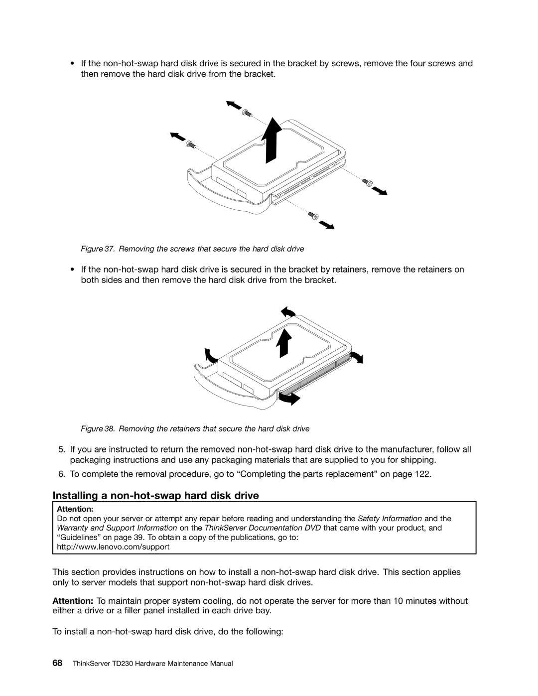 Lenovo TD230 manual Installing a non-hot-swap hard disk drive, Removing the screws that secure the hard disk drive 