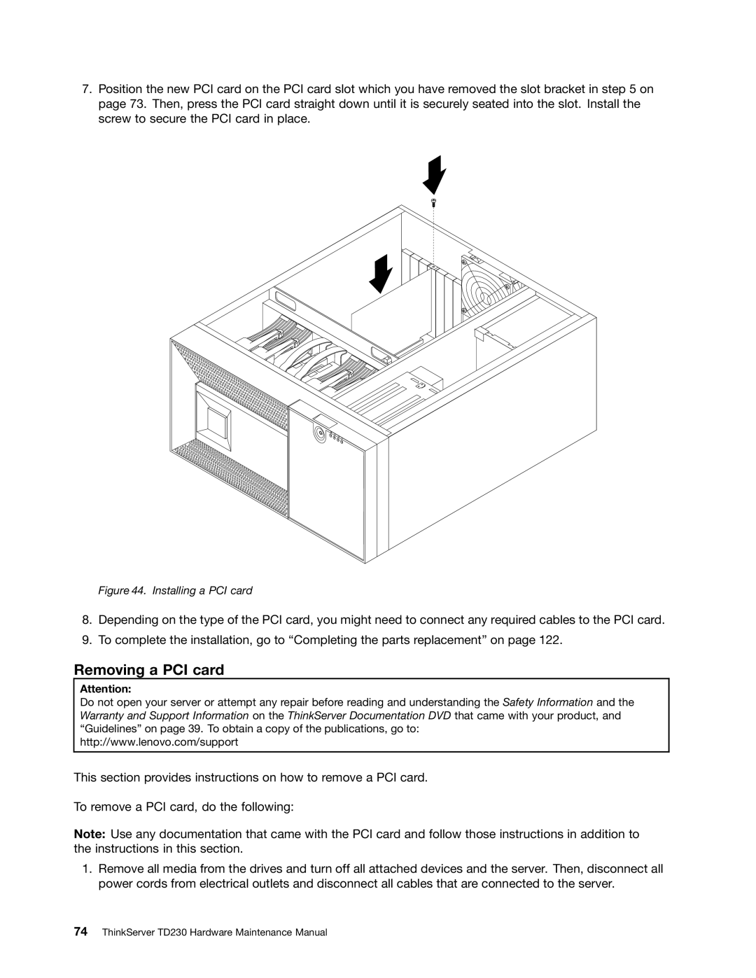 Lenovo TD230 manual Removing a PCI card, Installing a PCI card 