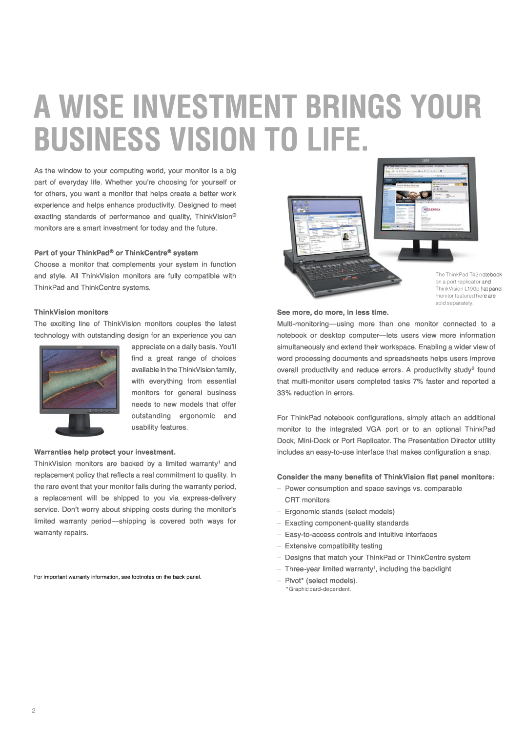 Lenovo manual Part of your ThinkPad or ThinkCentre system, ThinkVision monitors, Warranties help protect your investment 