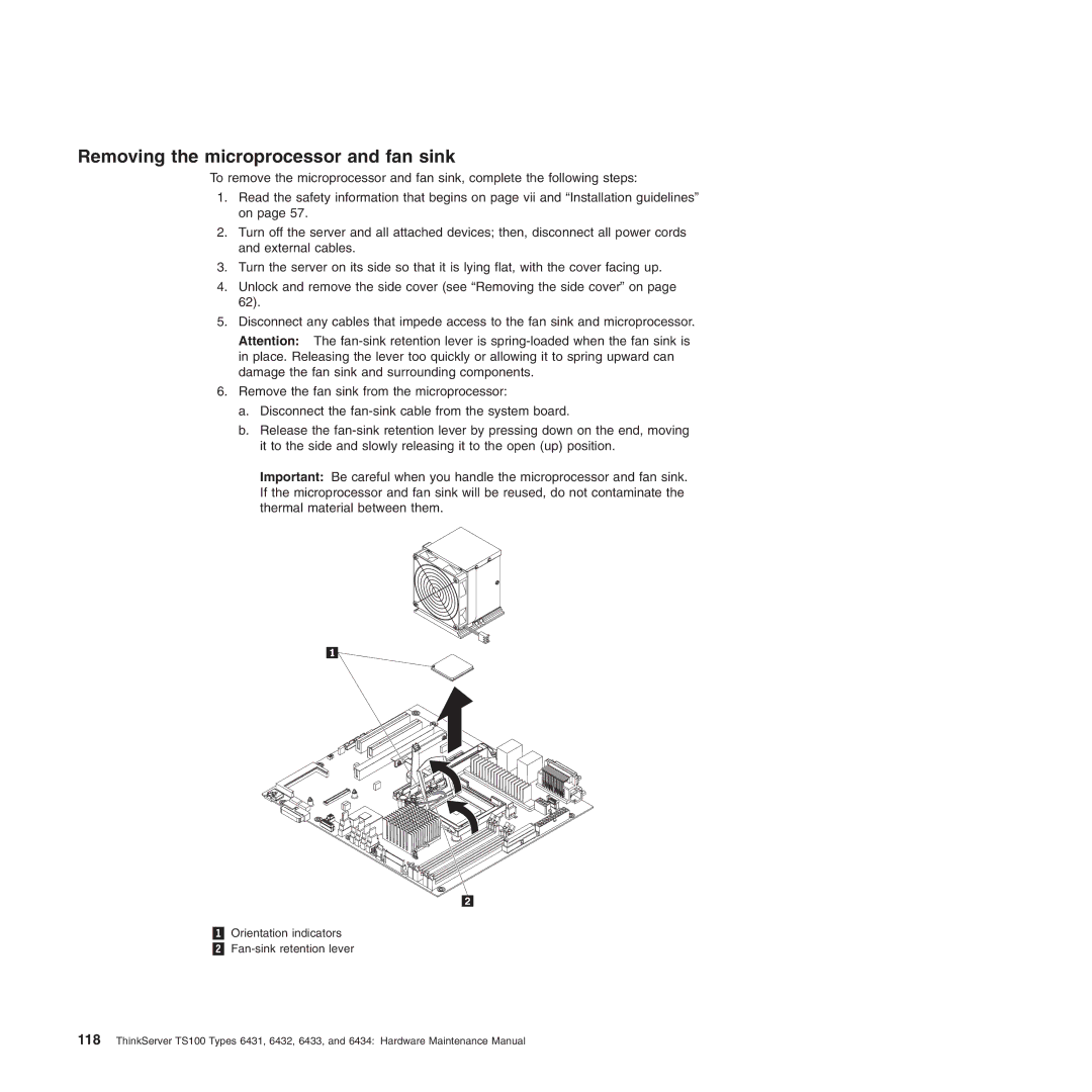 Lenovo 6434, TS100, 6432, 6431, 6433 manual Removing the microprocessor and fan sink 