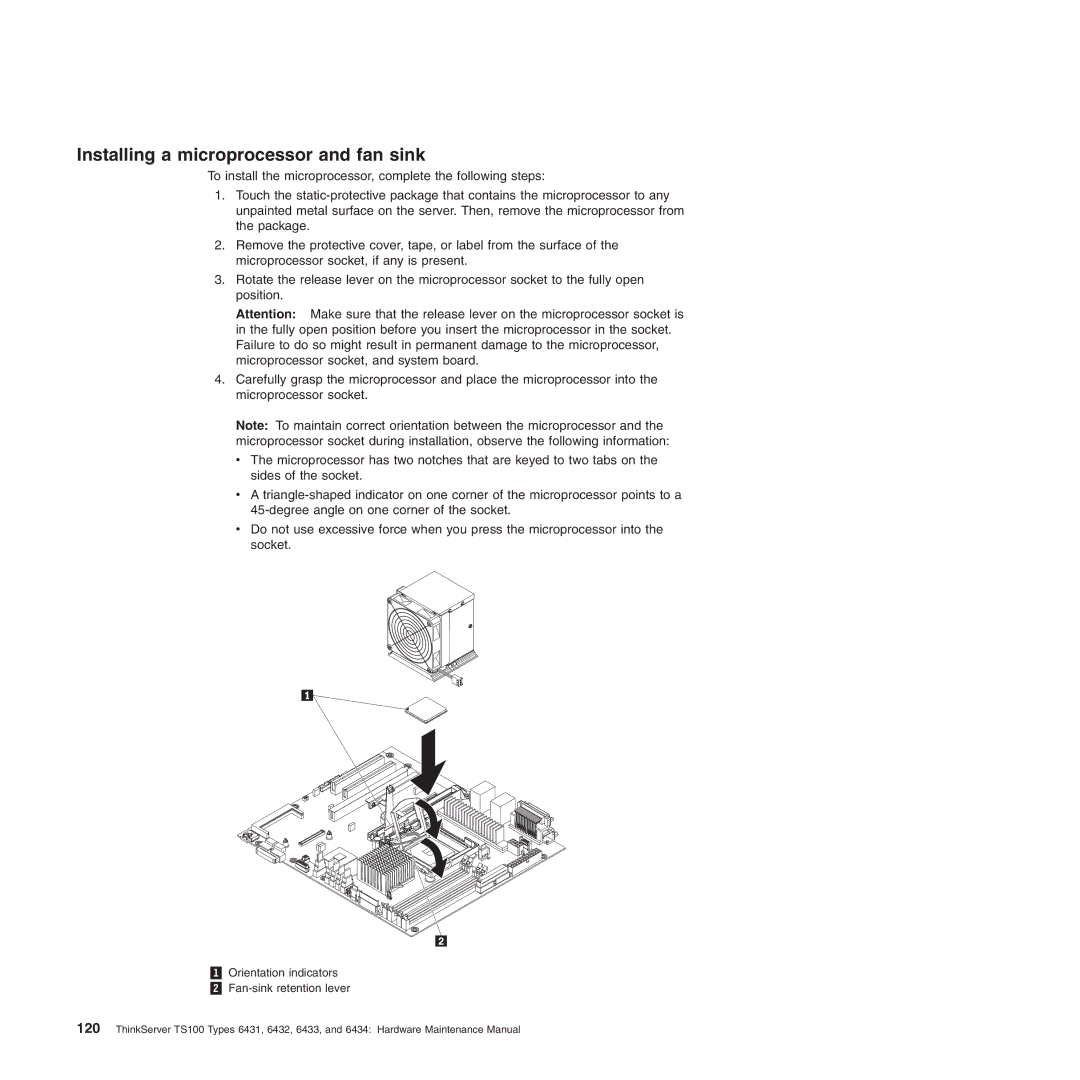 Lenovo 6431, TS100, 6434, 6432, 6433 manual Installing a microprocessor and fan sink 