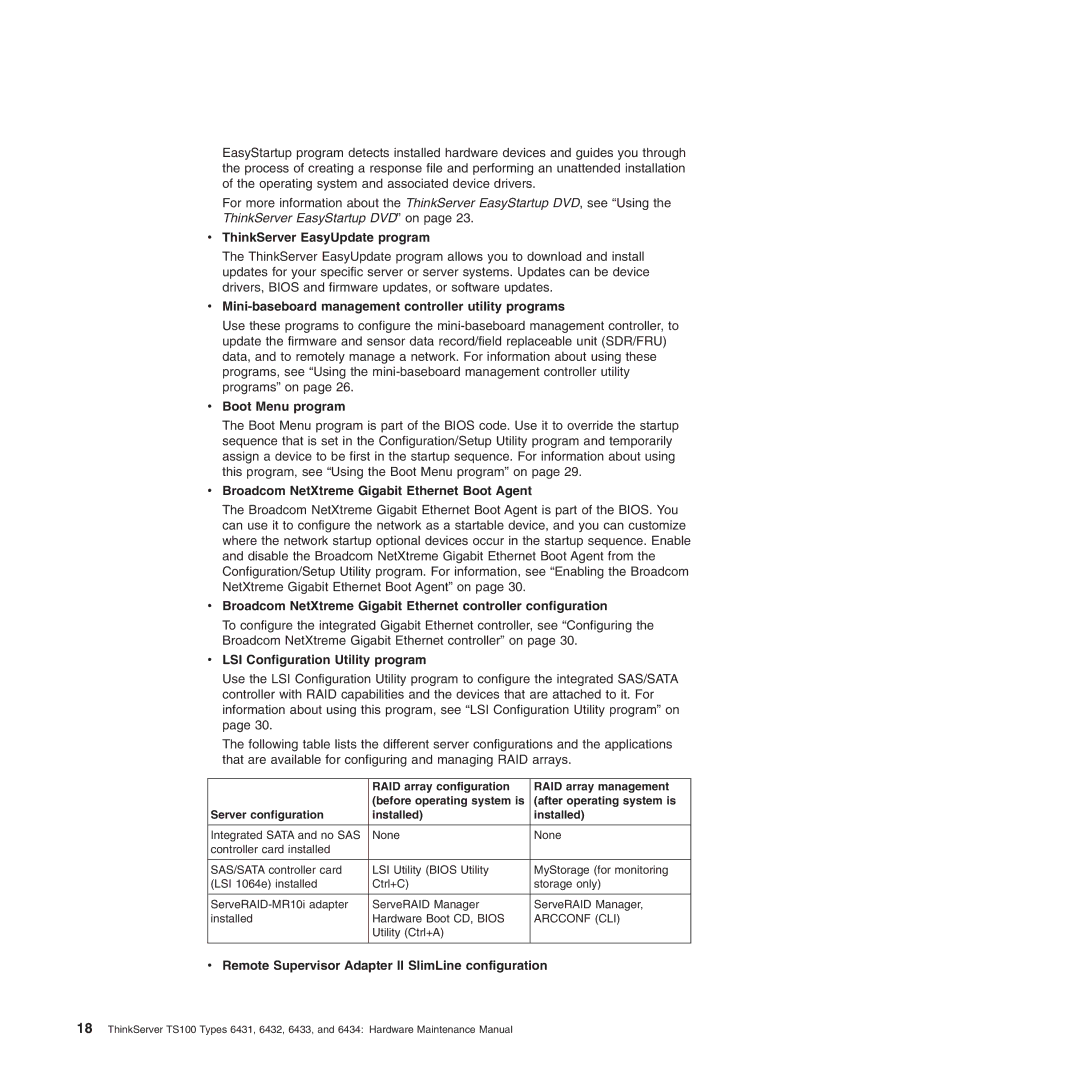 Lenovo 6434, 6432 ThinkServer EasyUpdate program, Mini-baseboard management controller utility programs, Boot Menu program 