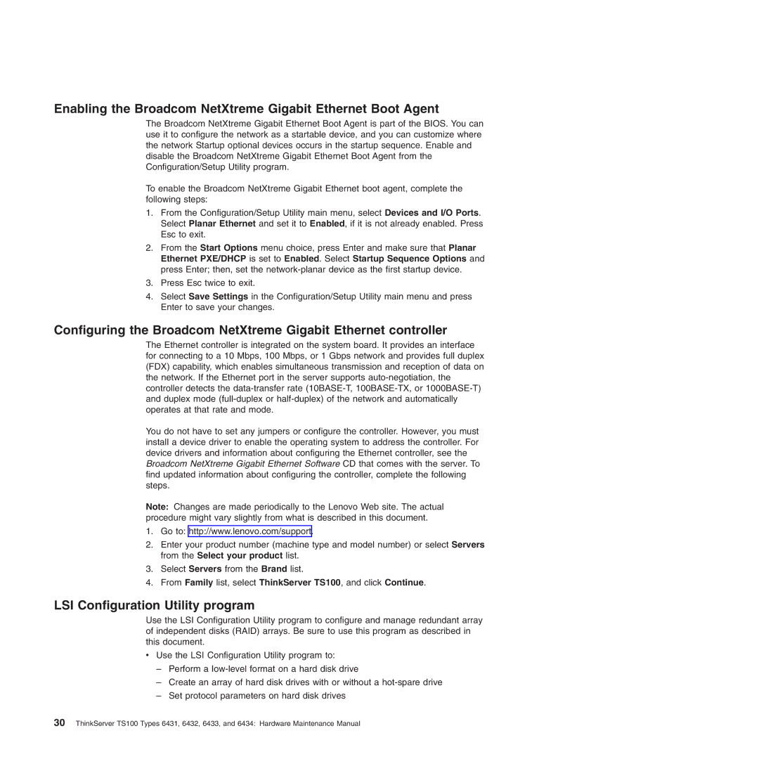 Lenovo 6431, TS100, 6434 Enabling the Broadcom NetXtreme Gigabit Ethernet Boot Agent, LSI Configuration Utility program 