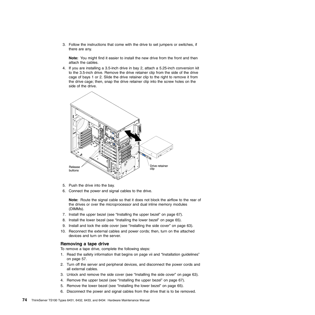 Lenovo 6432, TS100, 6434, 6431, 6433 manual Removing a tape drive 