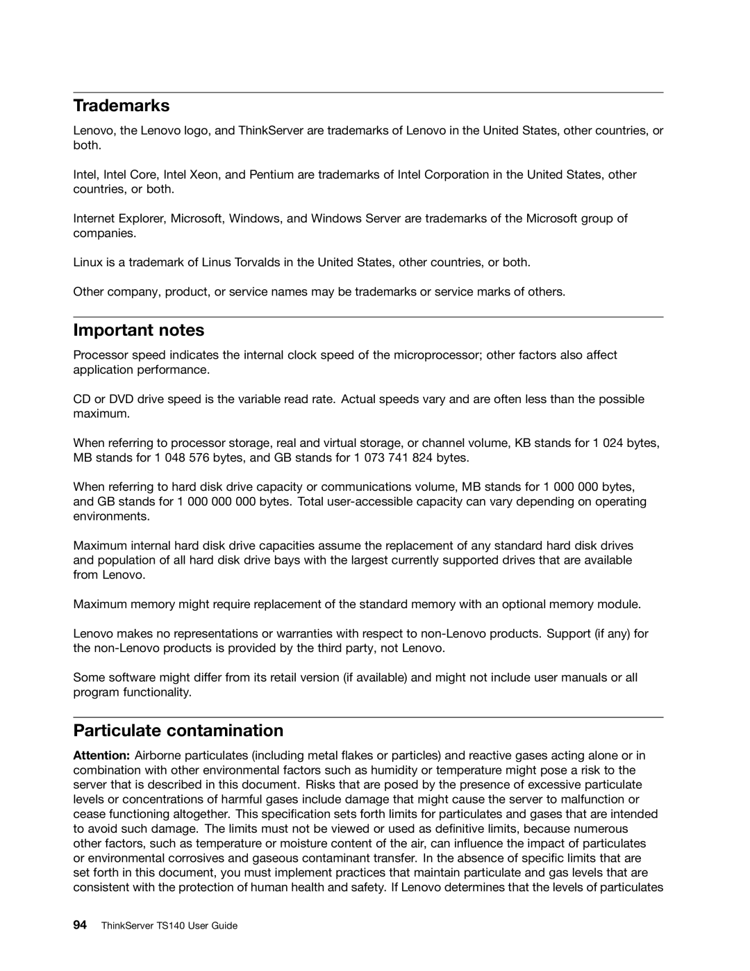 Lenovo TS140 manual Trademarks, Important notes, Particulate contamination 