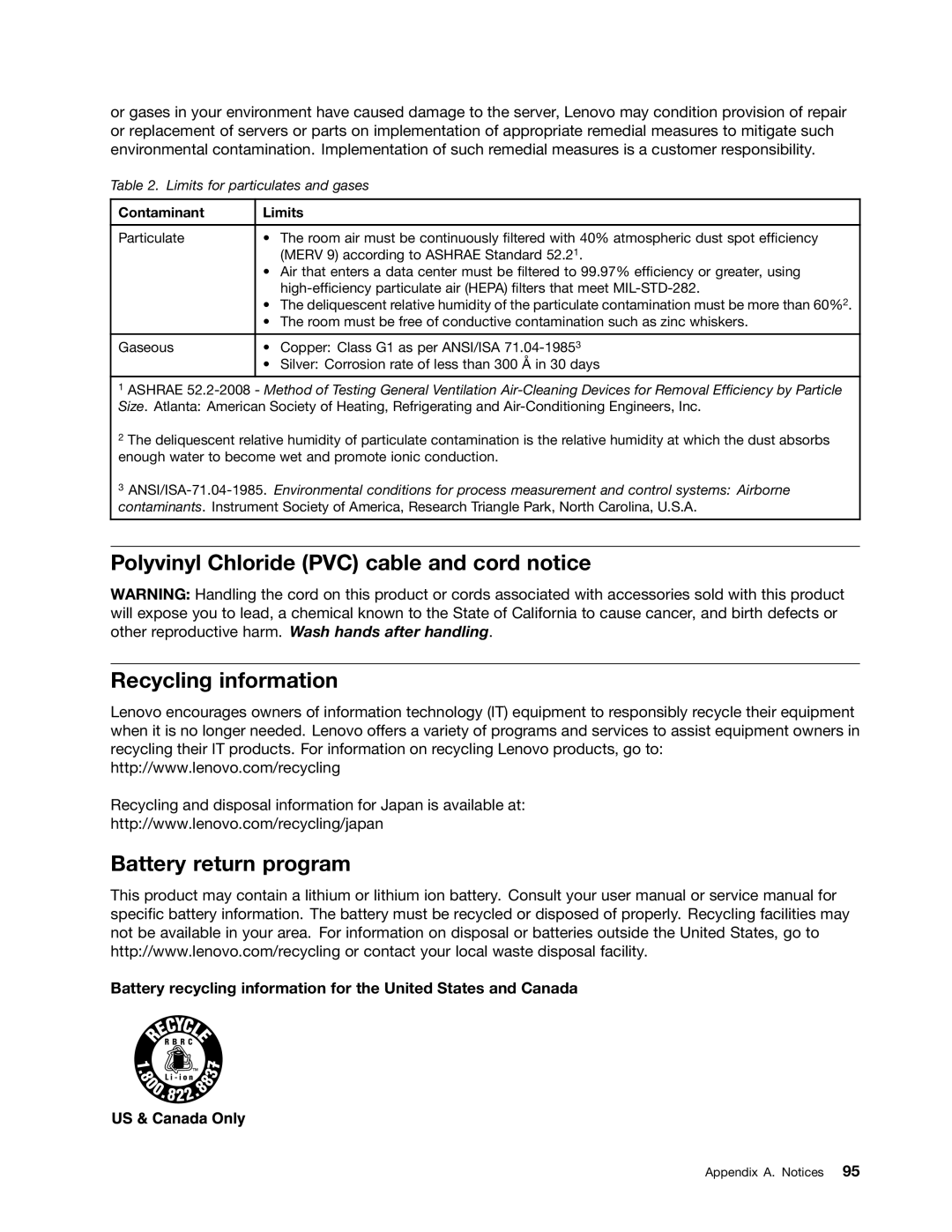 Lenovo TS140 manual Battery return program, Contaminant Limits 