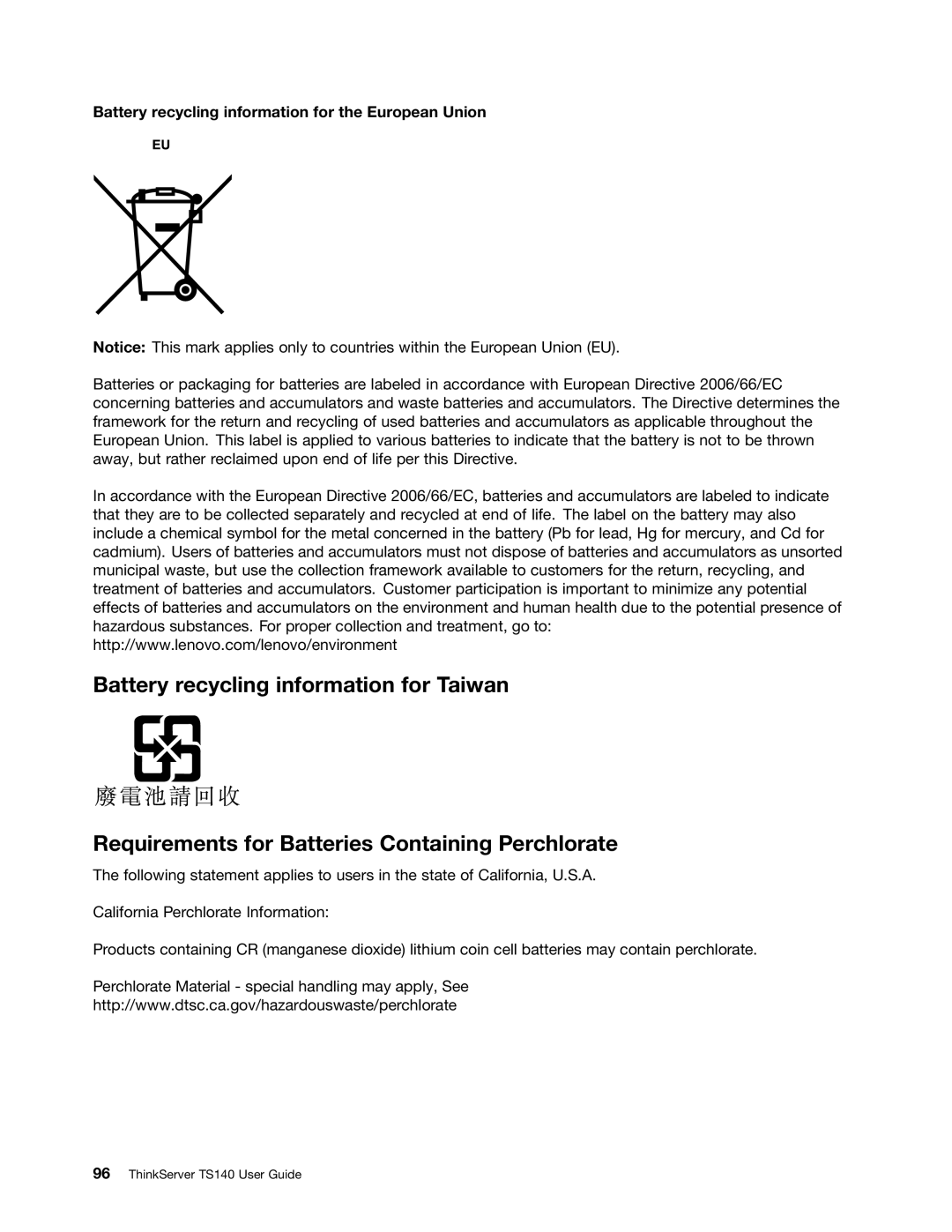 Lenovo TS140 manual Battery recycling information for the European Union 