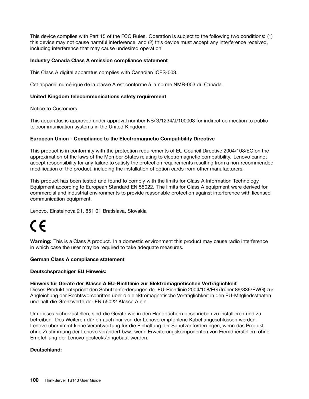 Lenovo TS140 Industry Canada Class a emission compliance statement, United Kingdom telecommunications safety requirement 