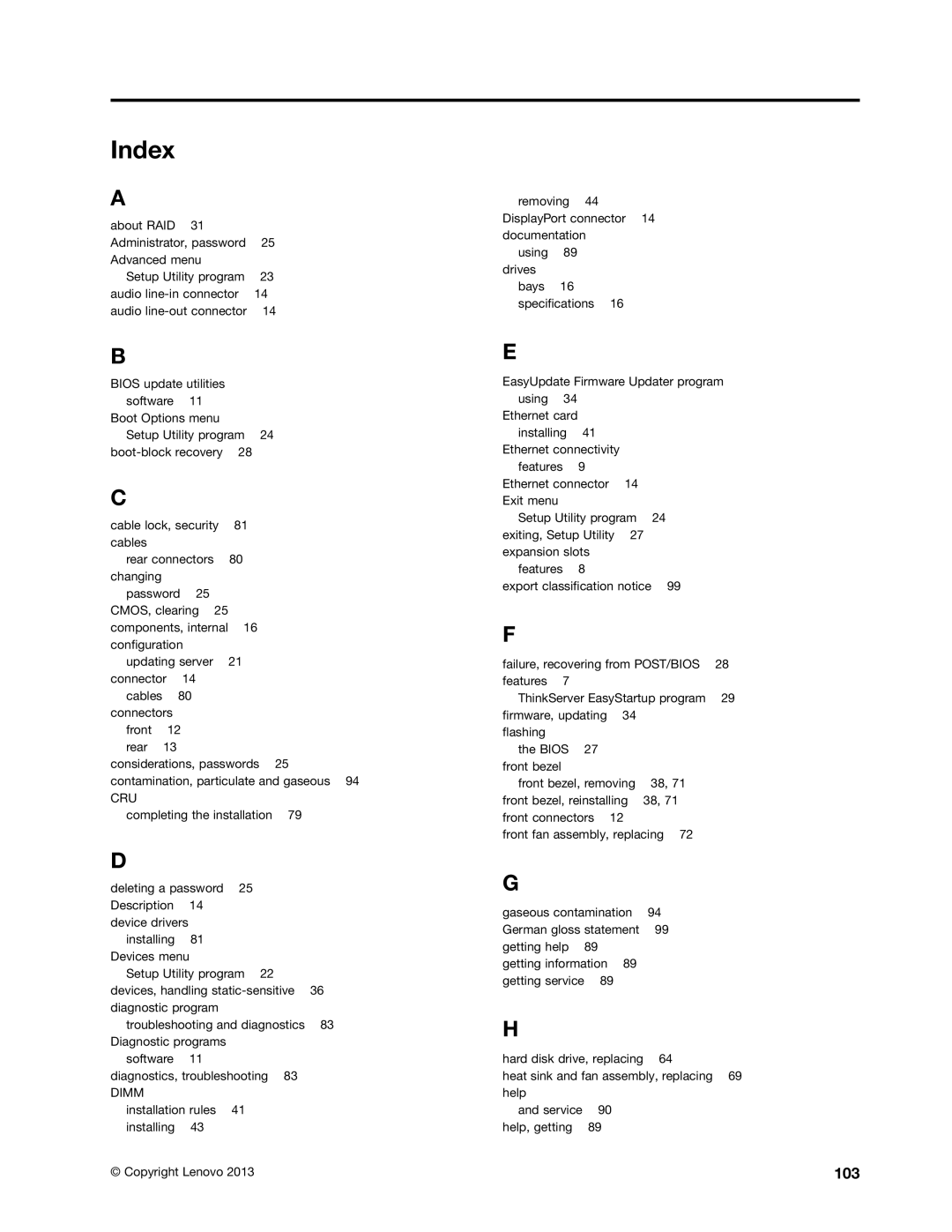 Lenovo TS140 manual Index, 103 