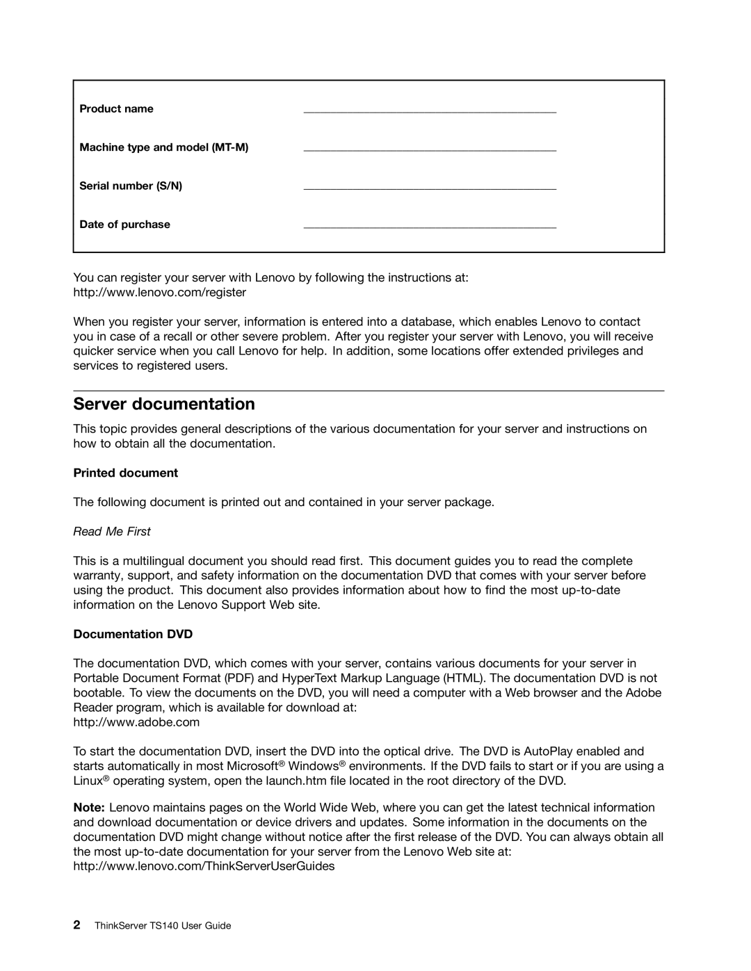 Lenovo TS140 manual Server documentation, Printed document, Documentation DVD 