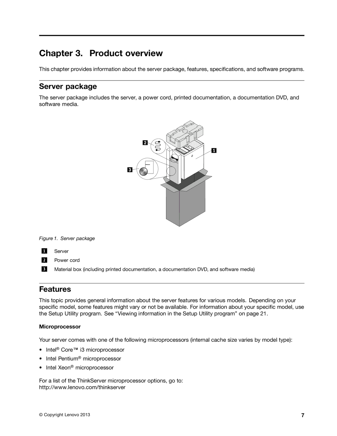 Lenovo TS140 manual Product overview, Server package, Features, Microprocessor 