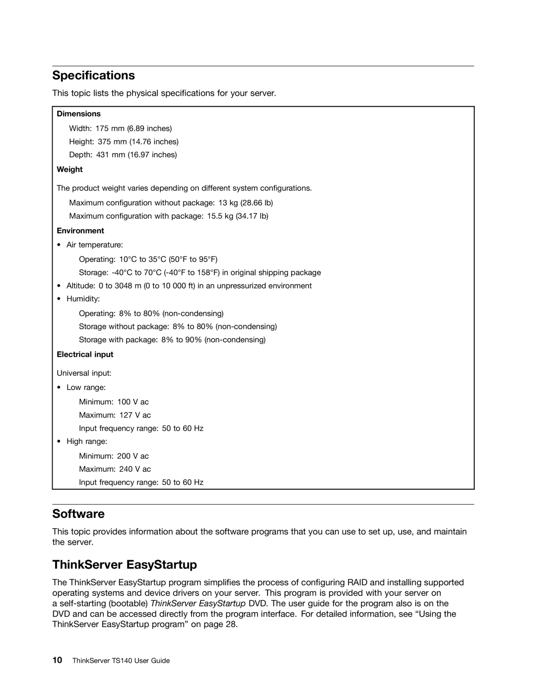 Lenovo TS140 manual Specifications, Software, ThinkServer EasyStartup 