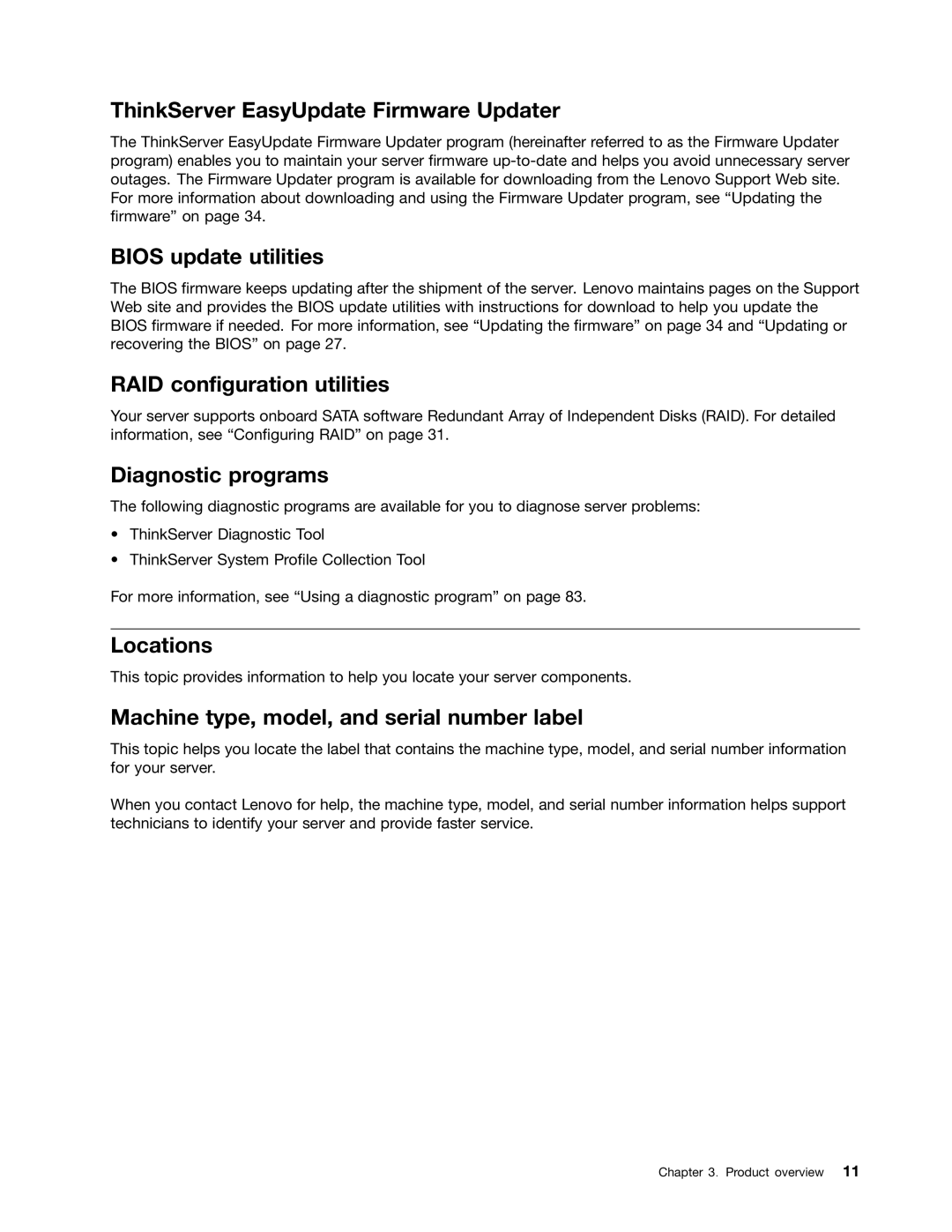 Lenovo TS140 manual ThinkServer EasyUpdate Firmware Updater, Bios update utilities, RAID configuration utilities, Locations 