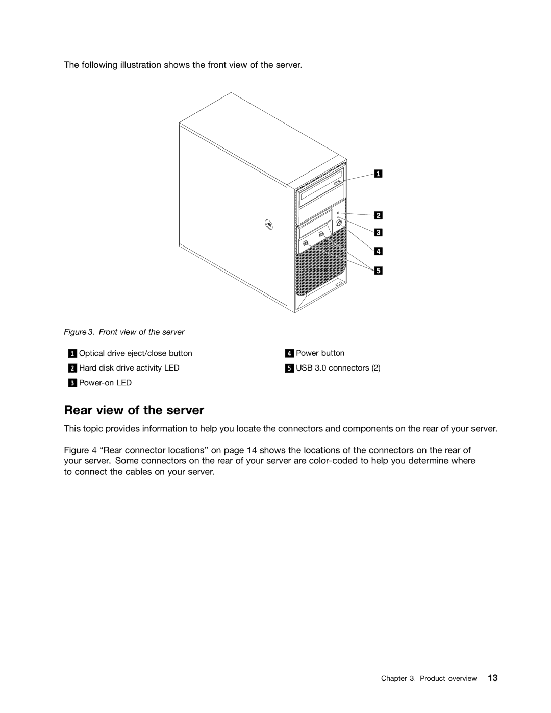 Lenovo TS140 manual Rear view of the server, Following illustration shows the front view of the server 