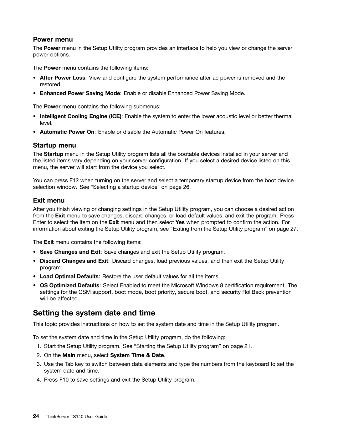 Lenovo TS140 manual Setting the system date and time, Power menu, Startup menu, Exit menu 
