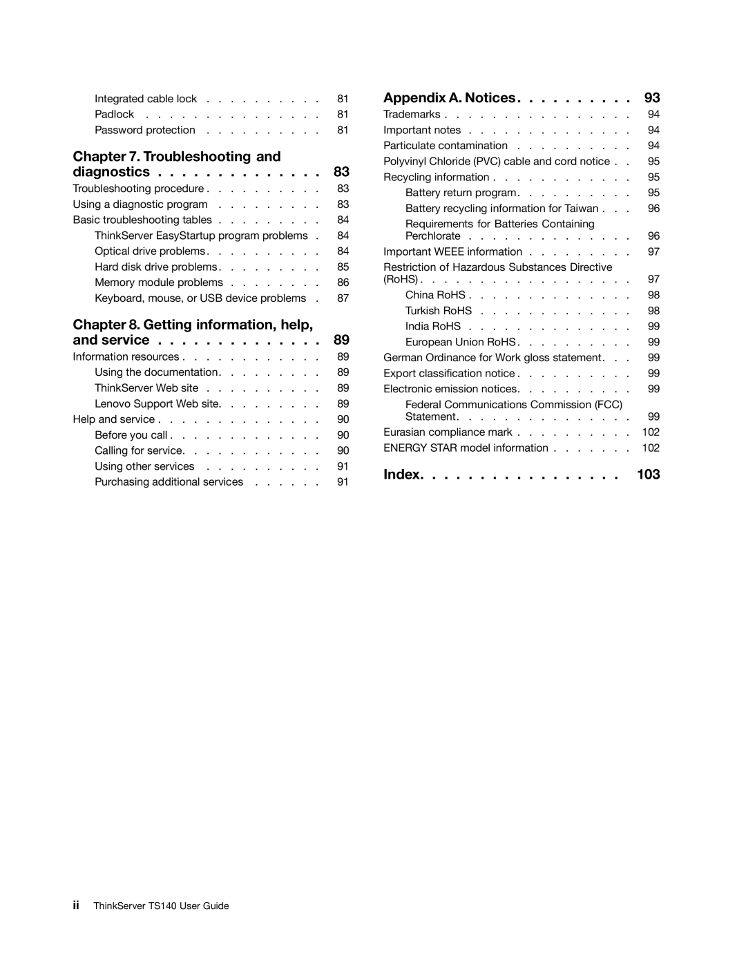 Lenovo TS140 manual Index 