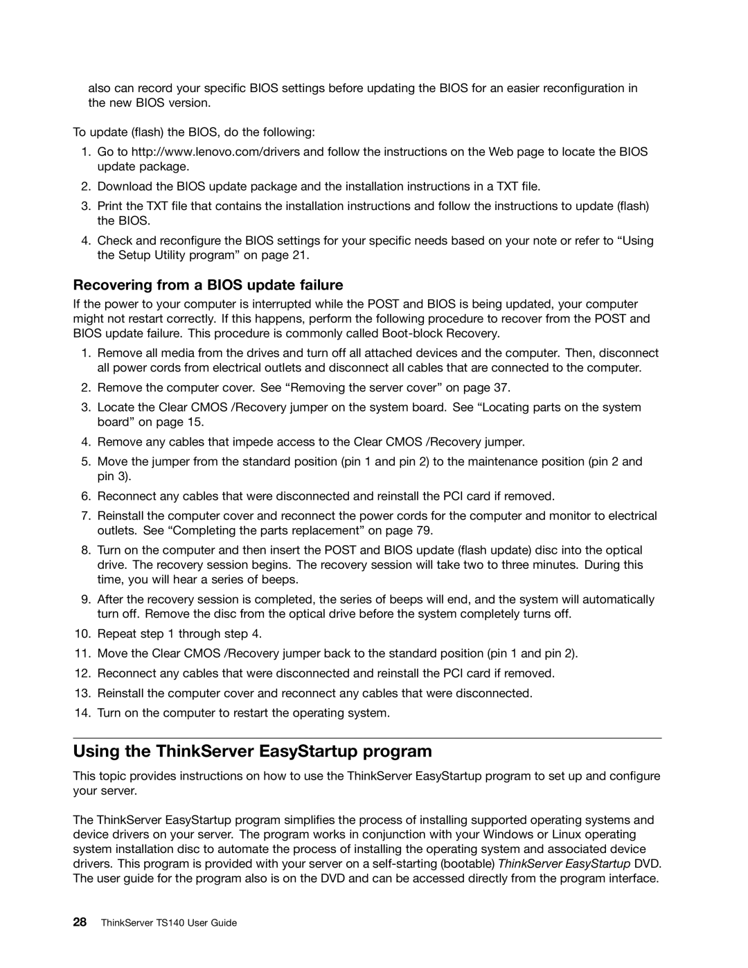 Lenovo TS140 manual Using the ThinkServer EasyStartup program, Recovering from a Bios update failure 