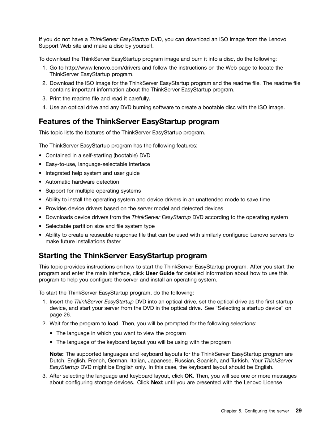 Lenovo TS140 manual Features of the ThinkServer EasyStartup program, Starting the ThinkServer EasyStartup program 