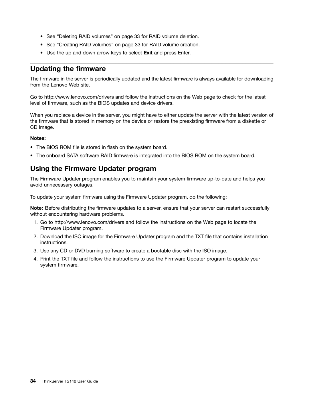 Lenovo TS140 manual Updating the firmware, Using the Firmware Updater program 