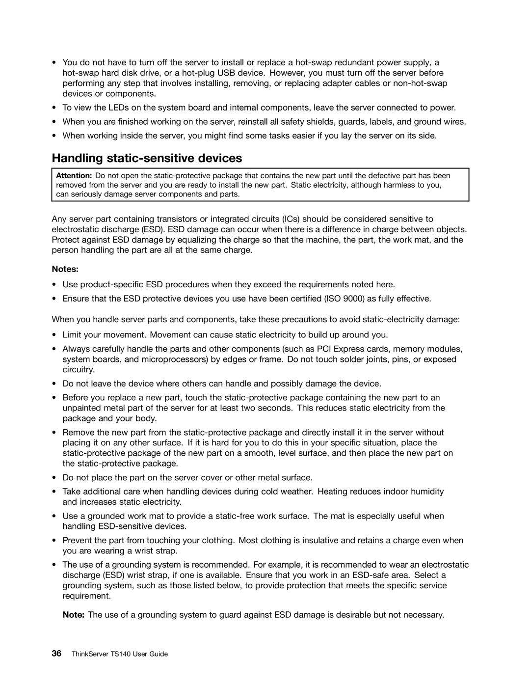 Lenovo TS140 manual Handling static-sensitive devices 