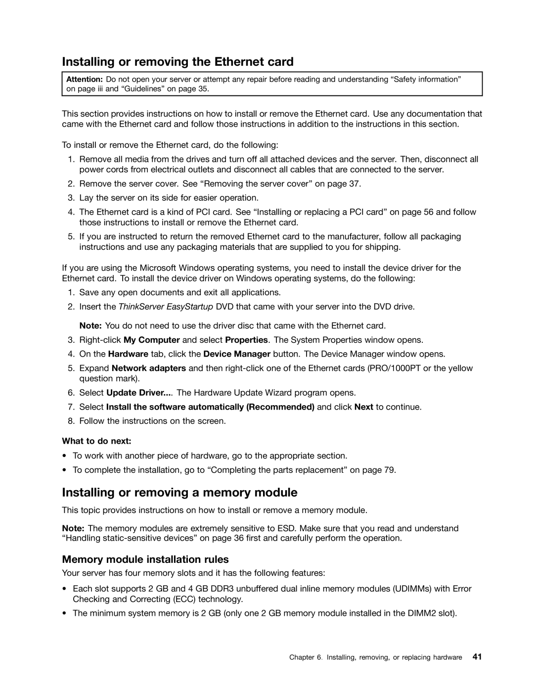 Lenovo TS140 manual Installing or removing the Ethernet card, Installing or removing a memory module 