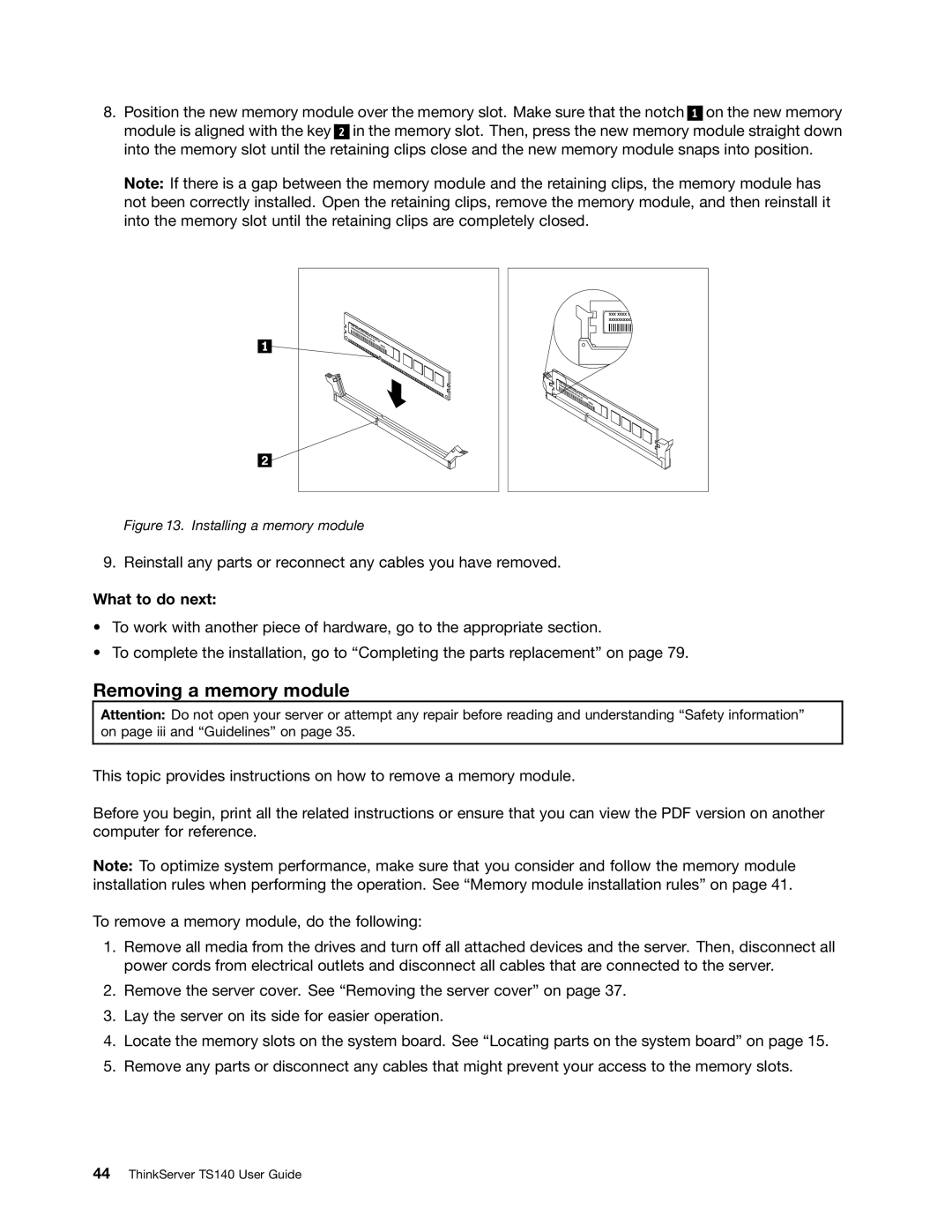 Lenovo TS140 manual Removing a memory module, Installing a memory module 