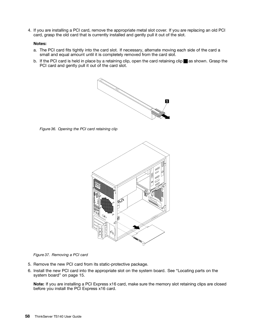 Lenovo TS140 manual Opening the PCI card retaining clip 