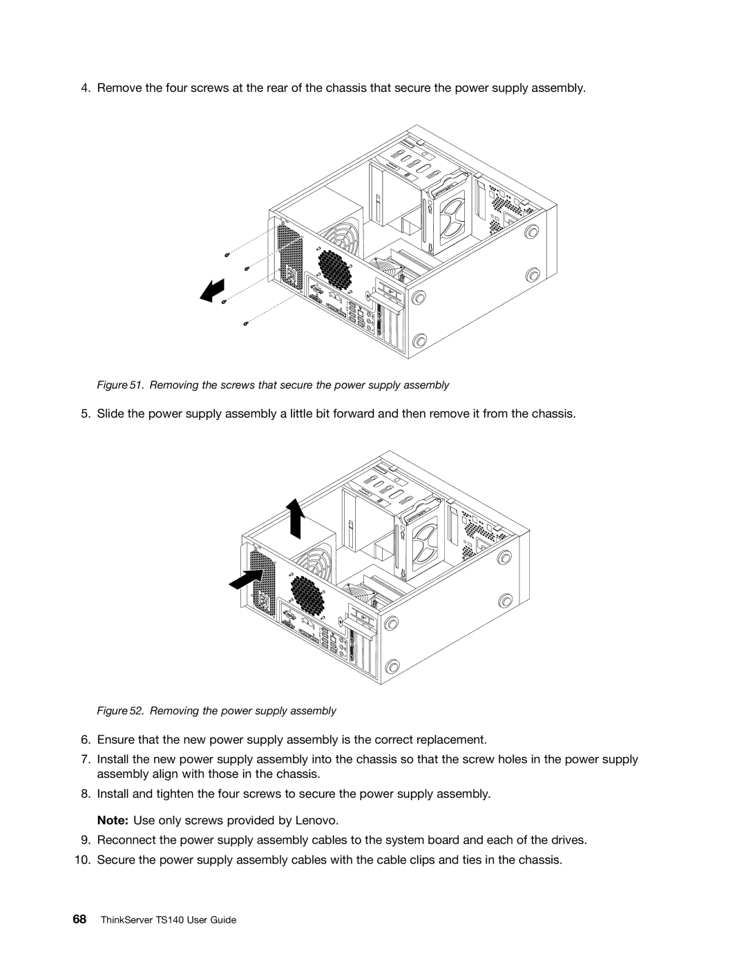 Lenovo TS140 manual Removing the screws that secure the power supply assembly 