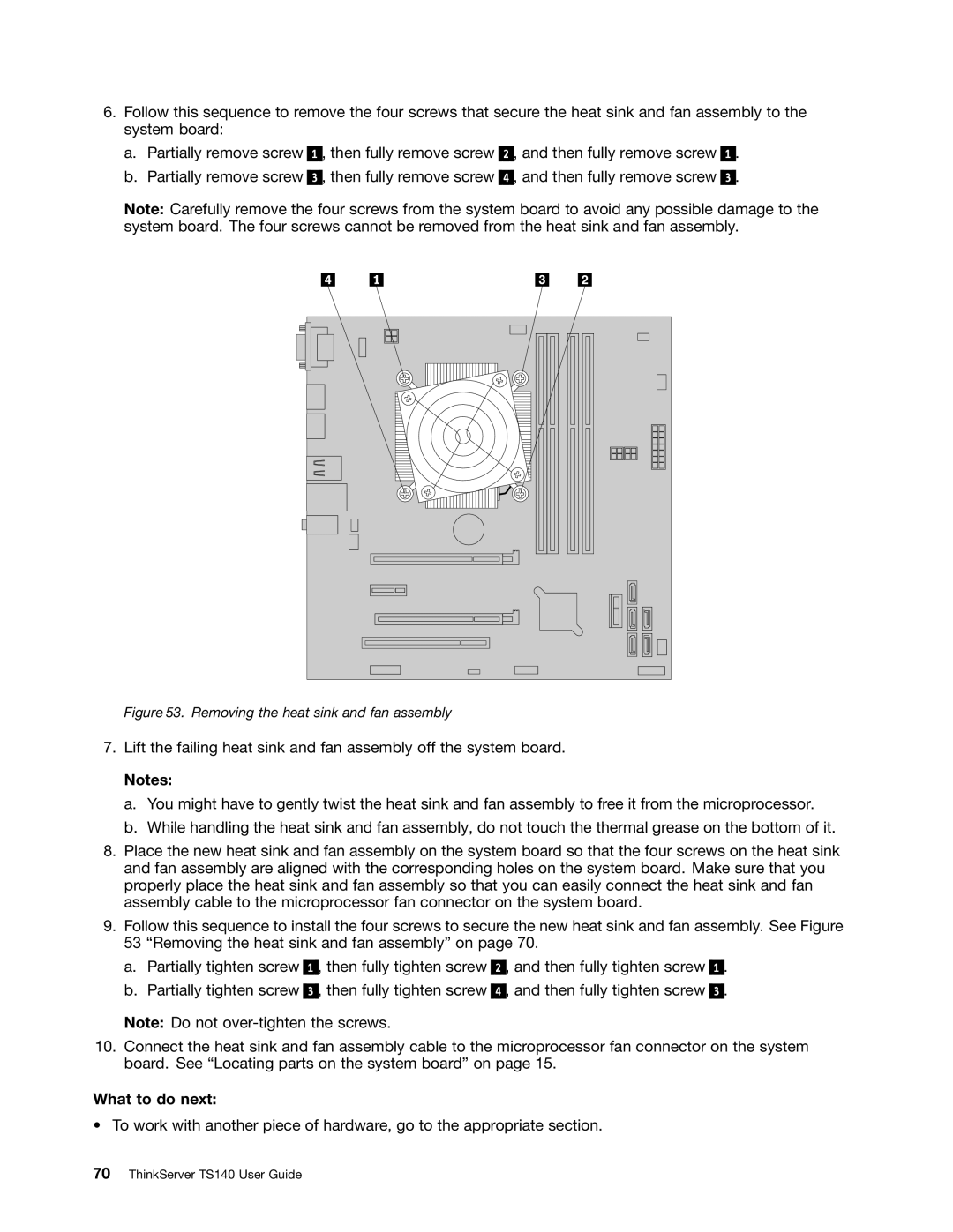 Lenovo TS140 manual Removing the heat sink and fan assembly 