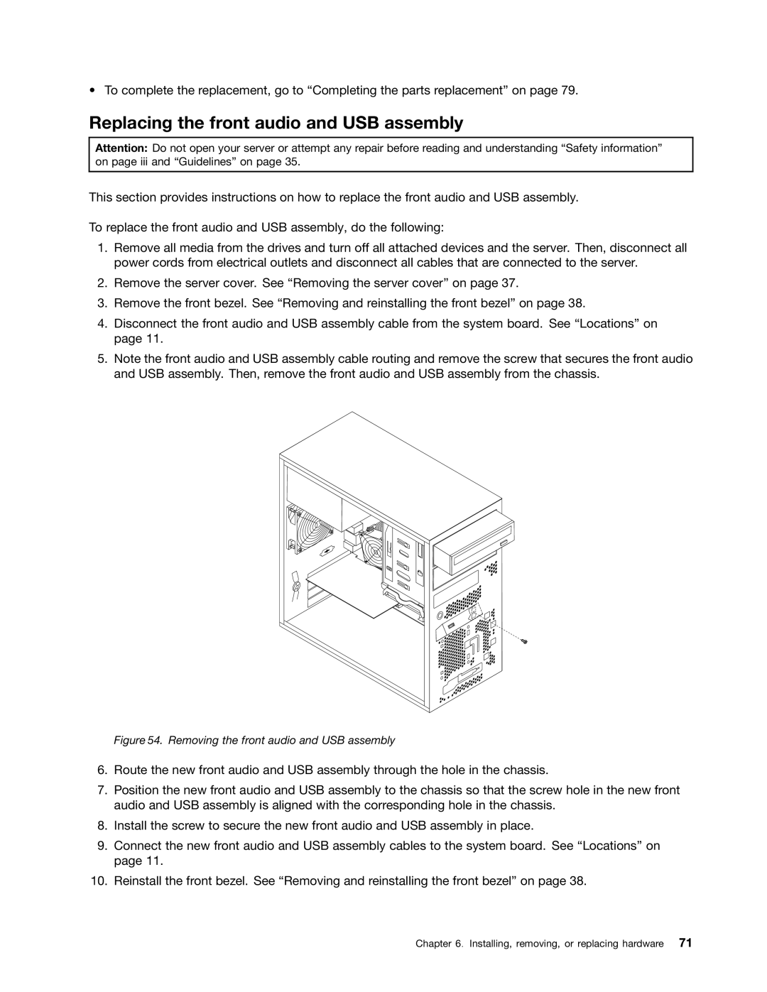 Lenovo TS140 manual Replacing the front audio and USB assembly, Removing the front audio and USB assembly 