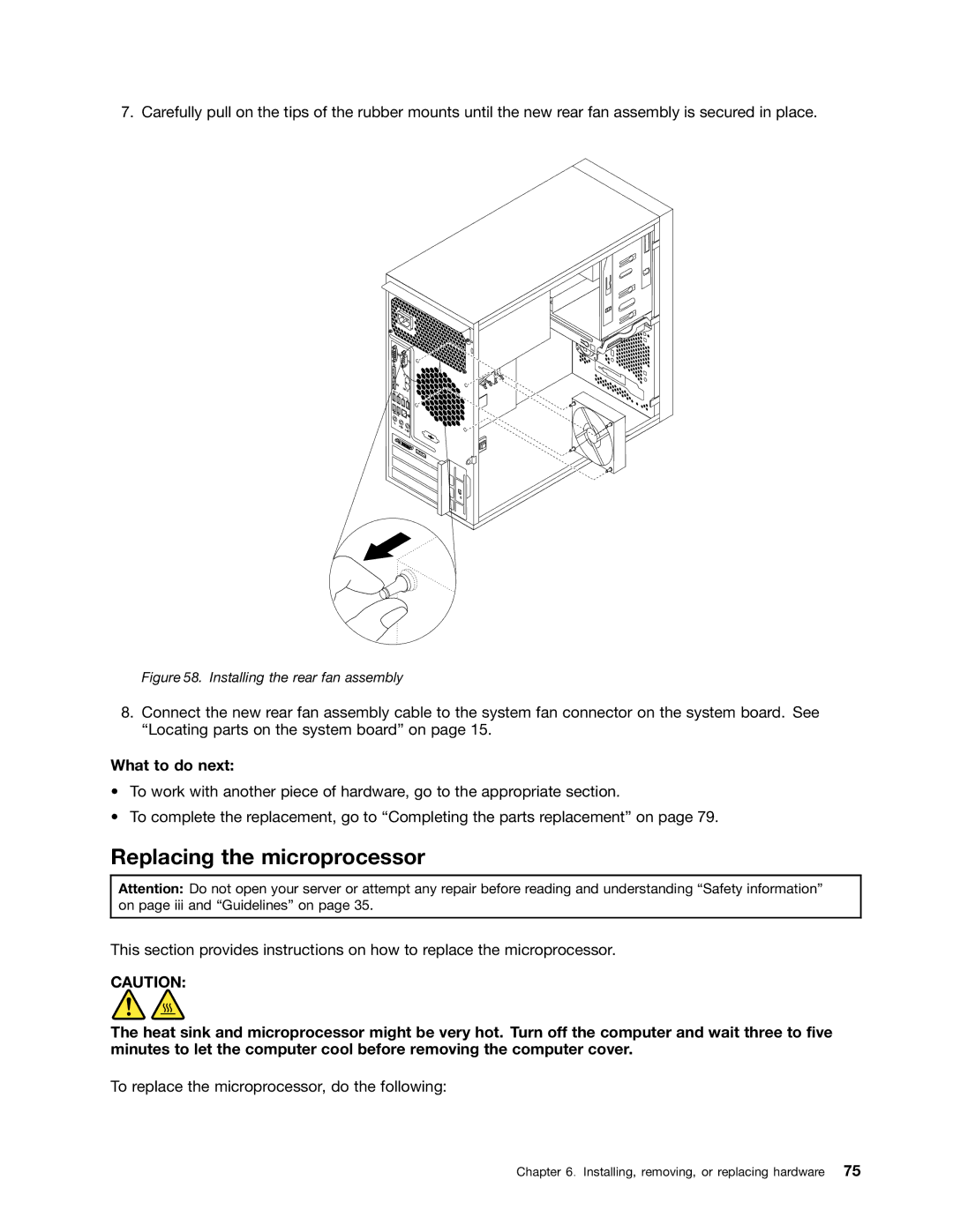 Lenovo TS140 manual Replacing the microprocessor, Installing the rear fan assembly 