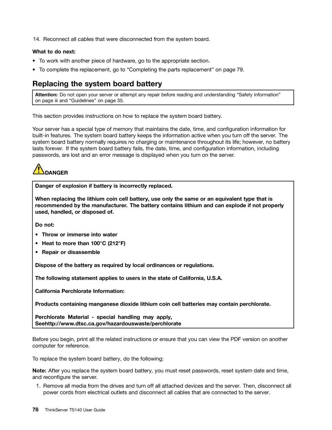 Lenovo TS140 manual Replacing the system board battery, What to do next 