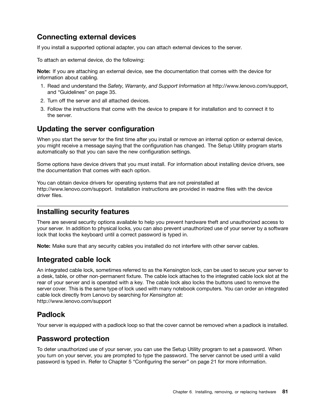 Lenovo TS140 manual Connecting external devices, Updating the server configuration, Installing security features, Padlock 