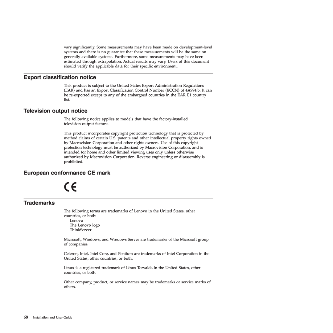 Lenovo TS200V manual Export classification notice, Television output notice, European conformance CE mark Trademarks 