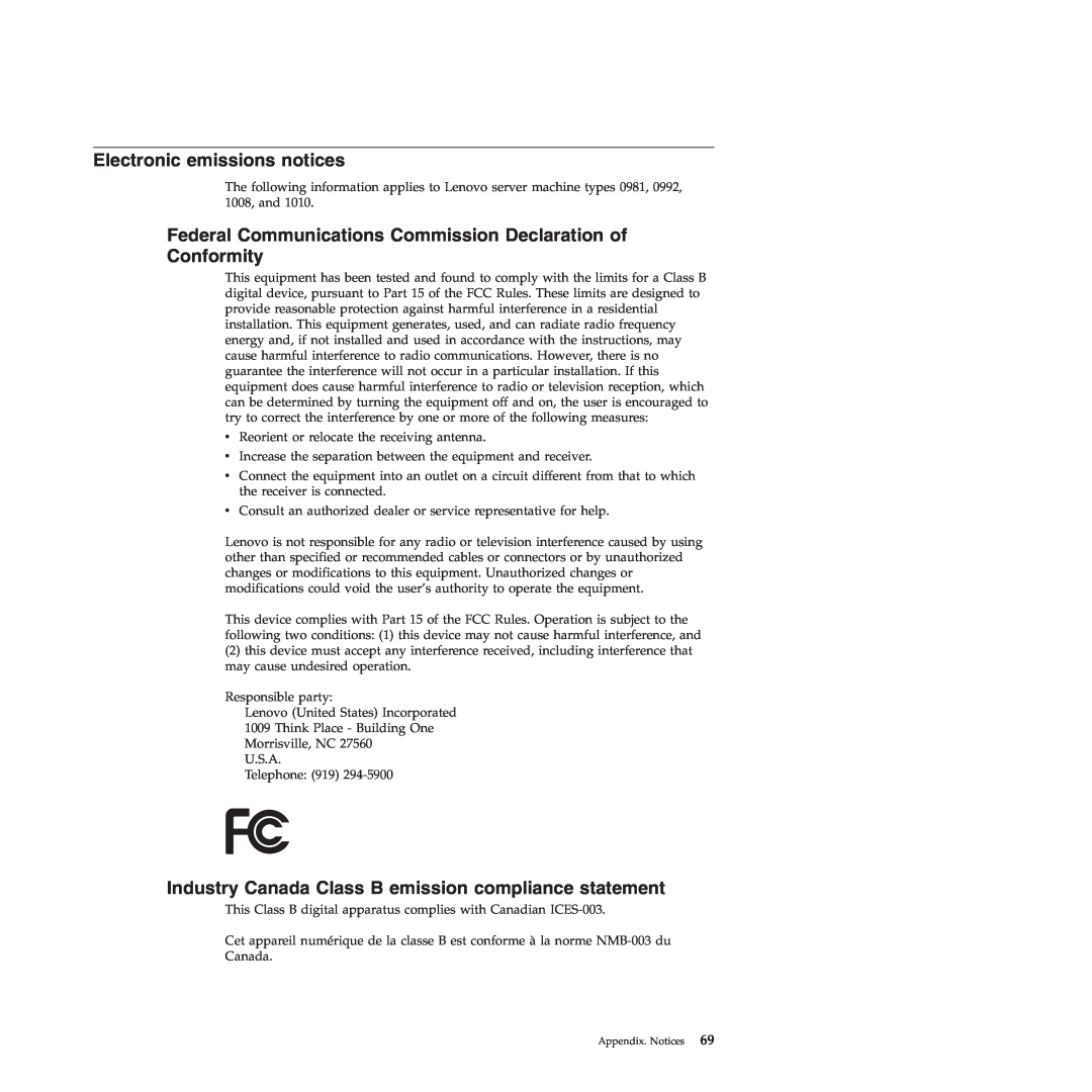 Lenovo TS200V manual Electronic emissions notices, Federal Communications Commission Declaration of Conformity 