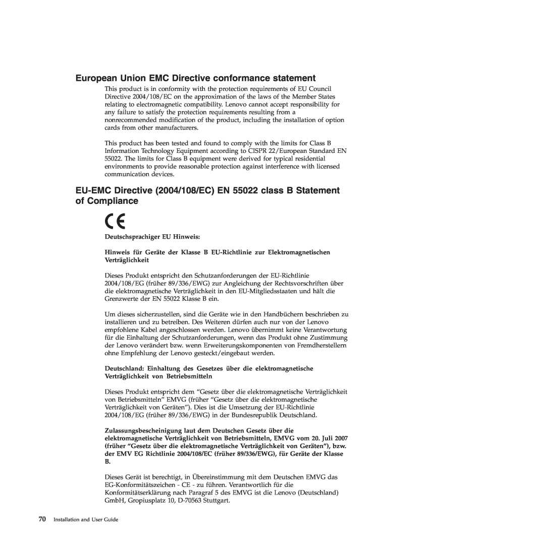 Lenovo TS200V manual European Union EMC Directive conformance statement 