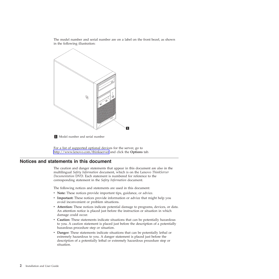 Lenovo TS200V manual 1 Model number and serial number 